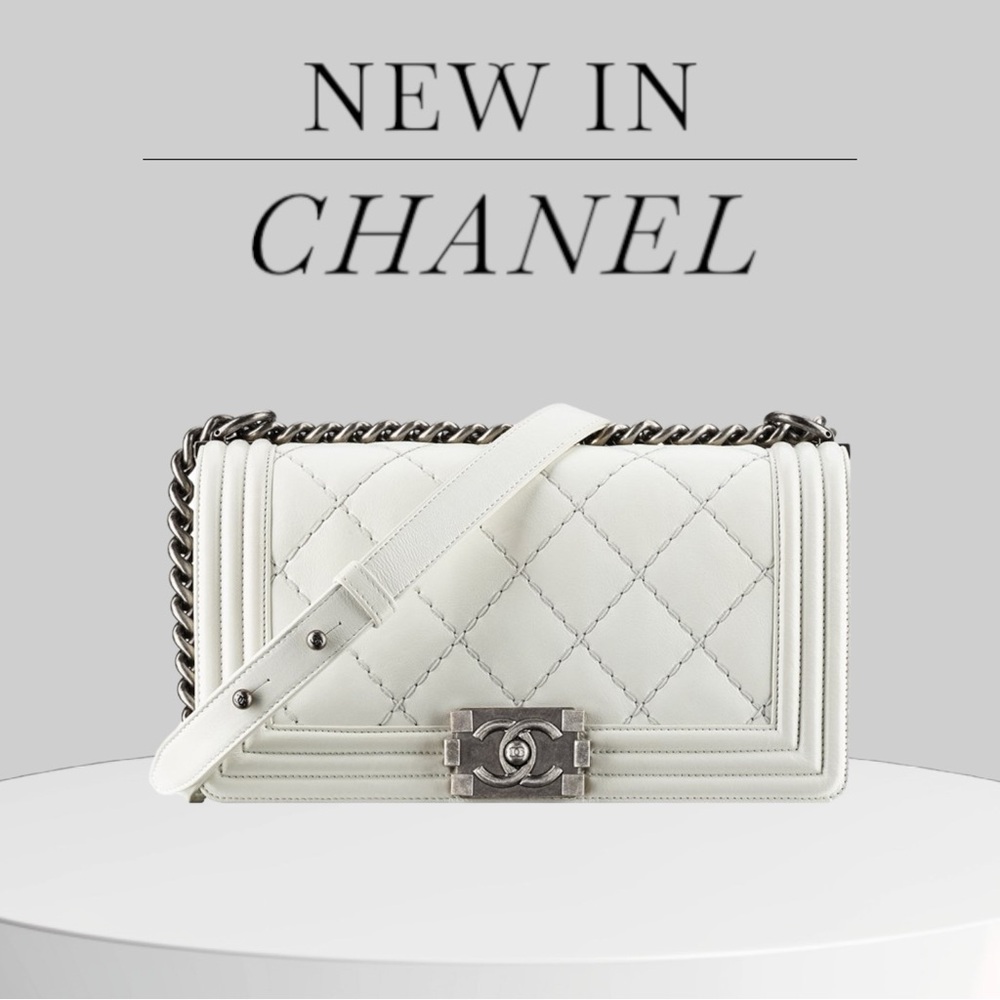 CHANEL 
Calfskin Double Stitch Medium Boy Flap White